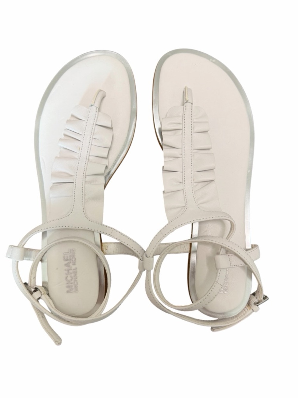 Michael Kors Ruffle T-Strap Sandals with Metallic Trim
